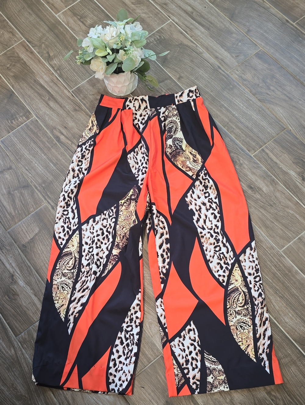 Wide-Leg Patterned Palazzo Pants in Orange and Black